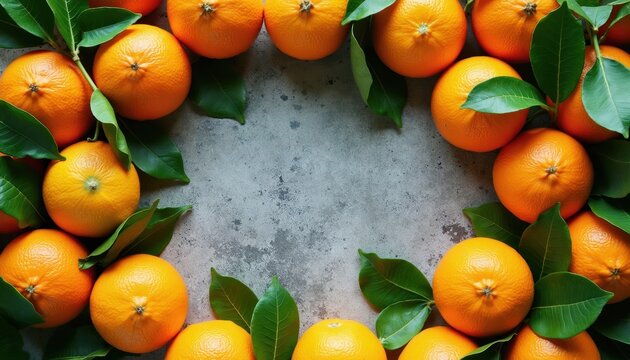 Round oranges with green leaves arranged on concrete surface. Bright citrus fruits with fresh foliage create natural border for text or design.