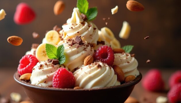Creamy ice cream swirl topped with fresh raspberries, banana slices, almonds, and chocolate. Ingredients float mid-air above dessert. Delicious treat for summer.