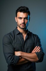 Obraz premium Man stands with arms crossed looking confidently at camera. He wears dark casual shirt. Studio portrait against grey background. Blue light adds drama to his face. Person embodies strength, success.