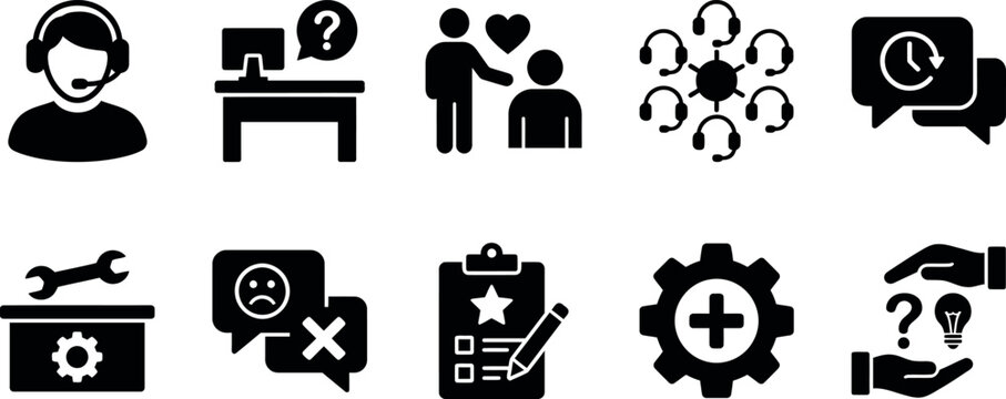 Collection of business and support service icons with various symbols and objects