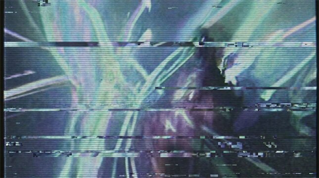 An abstract digital background featuring a heavily corrupted CRT screen with severe glitch effects, static noise, and analog VHS distortion.