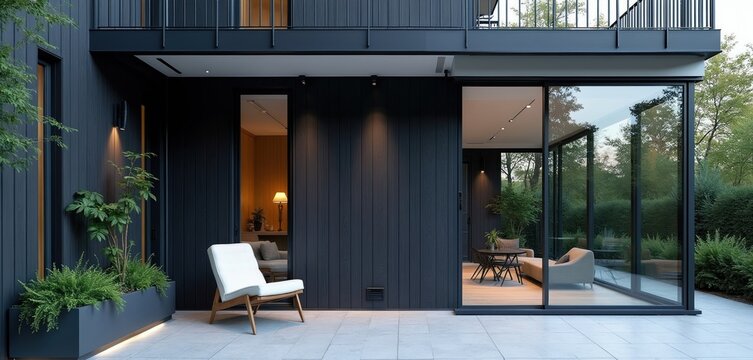 Modern dark house exterior with wood siding, white trim, and metal balconies. Features large glass windows showing minimalist indoor furniture. Outdoor seating area has a white chair.