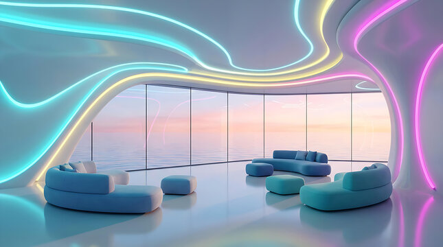 Futuristic modern luxury lounge interior with organic curved neon lighting, blue sofas, and panoramic ocean sunset view