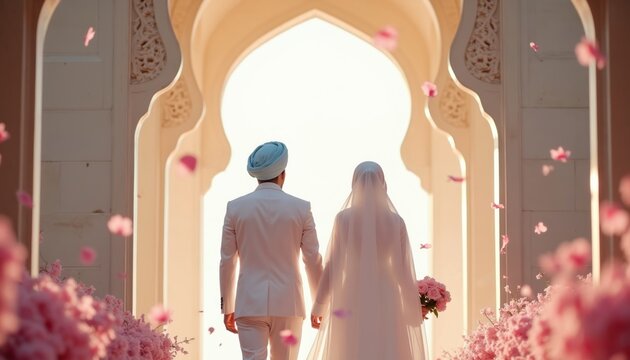 Muslim couple holds hands walking toward archway with falling pink petals. Bride in hijab, groom in turban ready for marriage. Pink flowers line path.