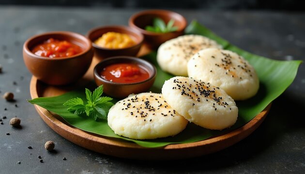 Steamed idli cakes served on banana leaf with spicy sambar and chutneys. Healthy Indian breakfast staple with sesame seeds. Savory South Asian meal.