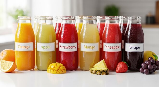 Assortment of fresh fruit juices in glass bottles with various fruits on white table.
