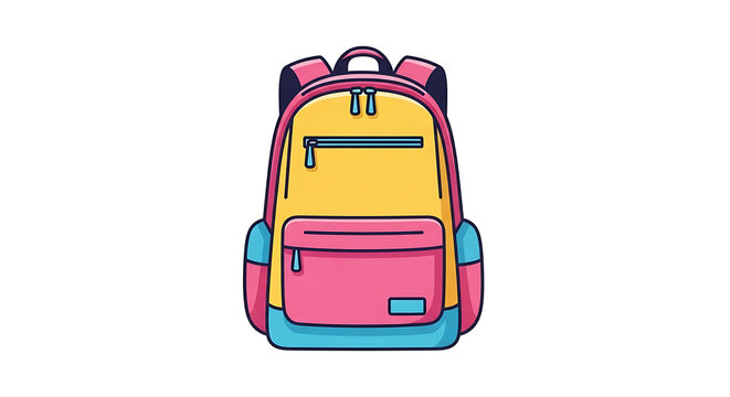 Cartoon-style of a colorful backpack with multiple compartments luggage travel school