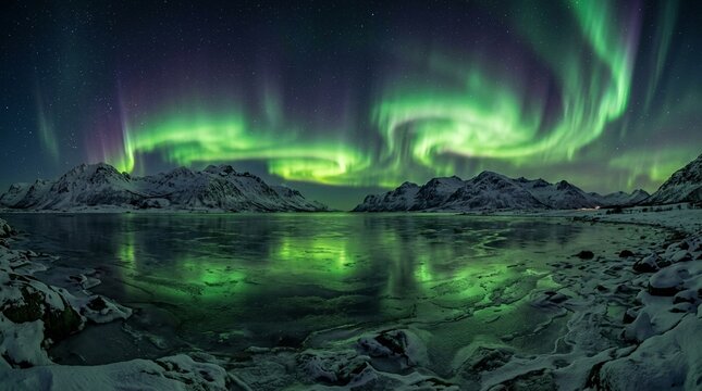 Aurora borealis northern lights over frozen fjord