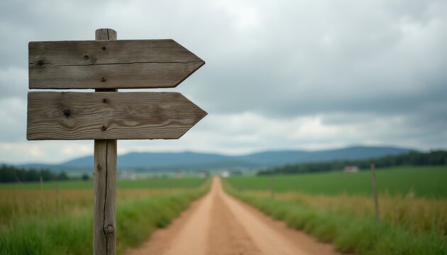 Wooden signpost shows two opposite directions on a dirt road. Empty sign arrows point left and right, with fields and hills beyond. Cloudy sky overhead.