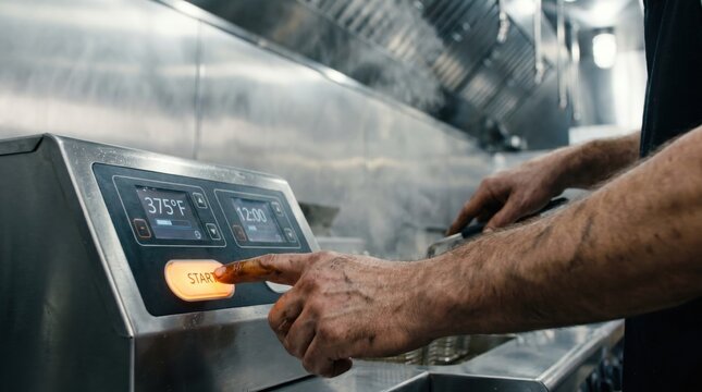 Chef finger pressing the start button on a digital commercial deep fryer in a restaurant kitchen