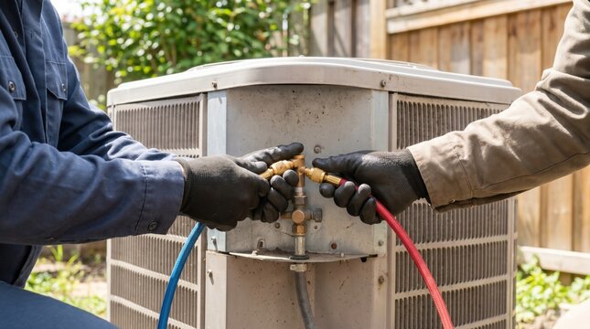 Two HVAC technicians connecting gauge hoses to an outdoor air conditioning compressor unit