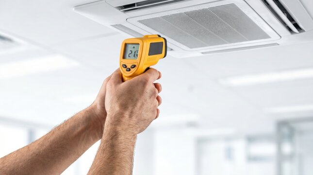 Technician hands using a yellow infrared thermometer to check the temperature of a ceiling air conditioner