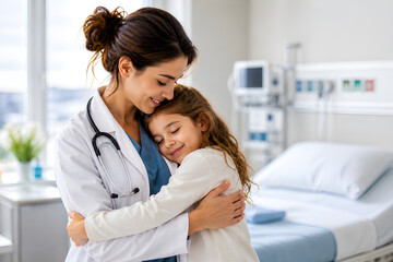 Fototapeta premium Mother’s Day Doctor Mom Hugging Child in Hospital – Healthcare and Love Concept