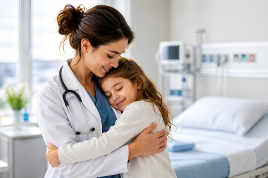 Mother&rsquo;s Day Doctor Mom Hugging Child in Hospital &ndash; Healthcare and Love Concept