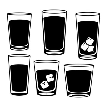 set of six water glasses with ice cubes minimalist line art illustration