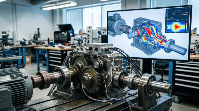 Medium shot of a gear drive test rig integrated with a virtual model showcasing realtime data flow for evaluating endurance and mechanical reliability under prolonged operation.