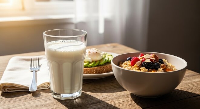 Healthy breakfast with glass of milk fruit oatmeal and avocado toast on wooden table top.