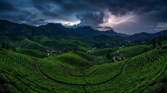 Tea estate hillside pattern aerial morning mist aerial photography