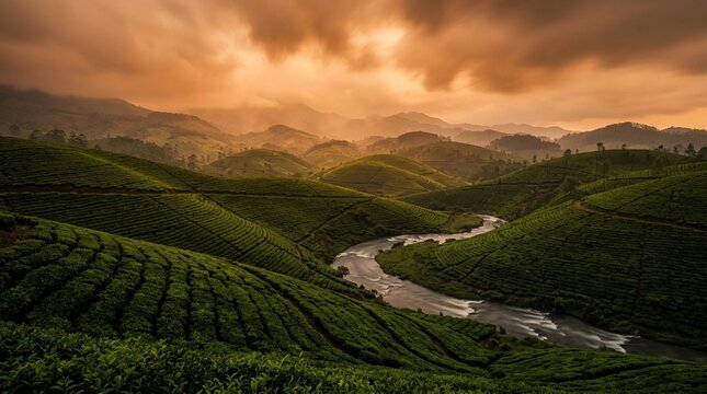 Tea plantation hill pattern dark green hillside