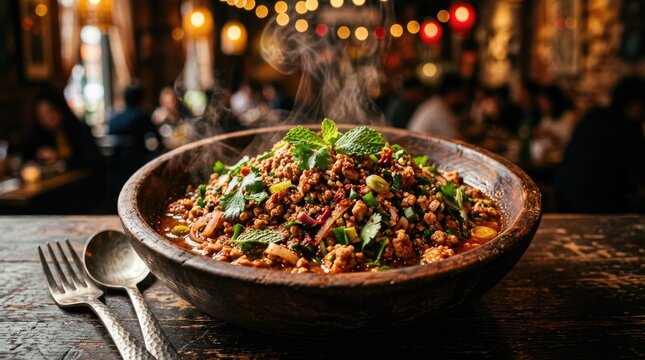 Delicious thai food vibrant and flavorful pad kra pao with basil and chili
