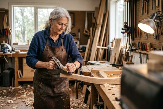 Senior woman woodworker planing curved chair leg in artisan workshop