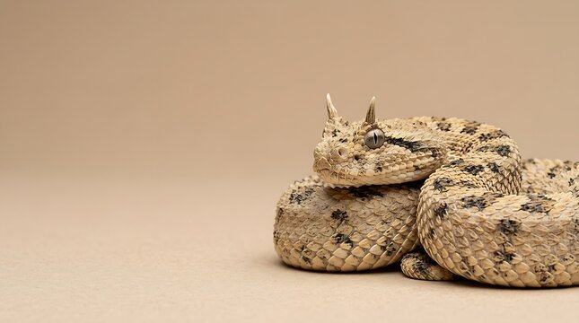 Saharan Horned Viper Cerastes Cerastes Coiled on Beige Background in Studio Close-up Shot with Minimalist Composition