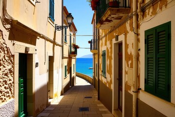 Fototapeta premium A sun-bleached, narrow alleyway in a Mediterranean coastal town