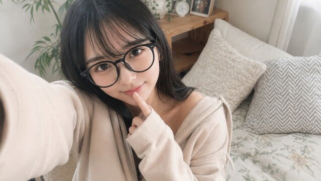 ベッドで人差し指を口元に当てて自撮りをするメガネの女性