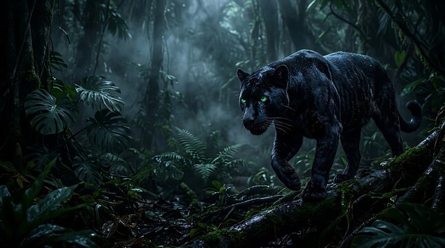 Majestic black panther with glowing green eyes walking through a dark misty tropical rainforest jungle at night with atmospheric moonlight and cinematic lighting
