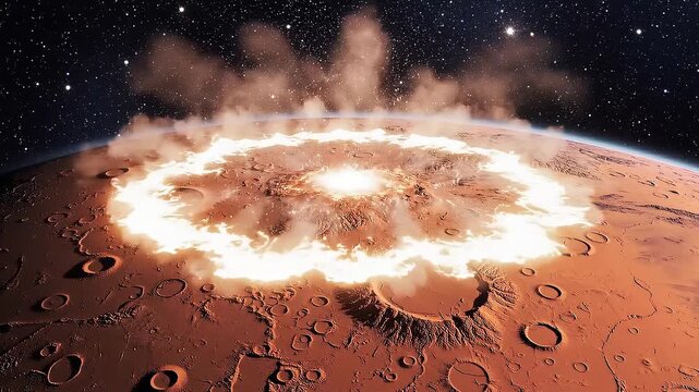 A stunning visual of the red planet's surface after a catastrophic impact, marked by a fiery eruption and plumes of smoke, revealing the planet's history.