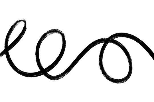 Hand drawn black charcoal continuous loopy line, abstract textured wavy stroke.