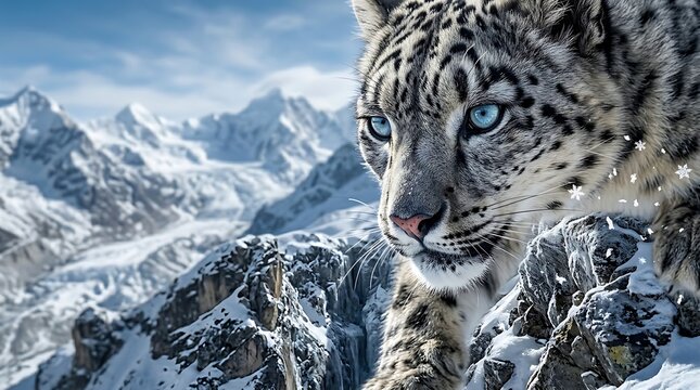 Majestic snow leopard with striking blue eyes prowling on rocky snowy mountain peaks in winter landscape