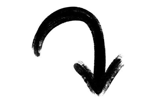 Black hand drawn curved arrow pointing down isolated on transparent background, brush stroke directional sign.