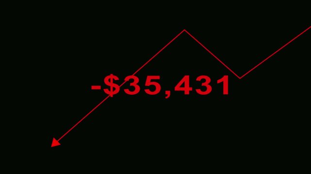 Financial Loss Animation with Decreasing Red Dollar Value and Falling Stock Market Arrow on Black Background