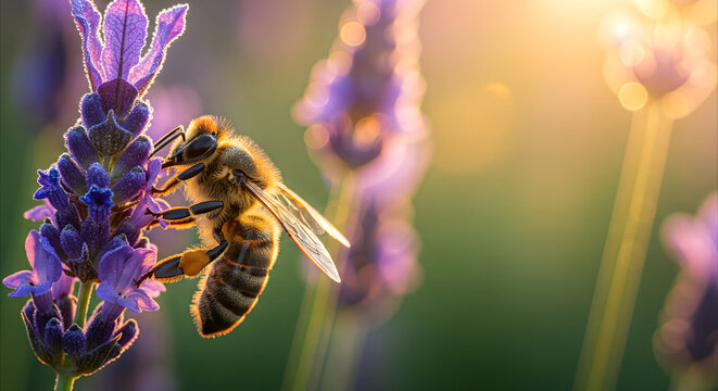 Honey bee collecting nectar from dew-covered lavender flower in golden sunrise light, macro detail, nature's organic beauty