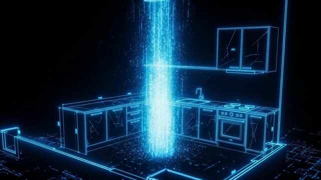 Futuristic Kitchen Design Showing Digital Energy Flow Emphasizing Innovative Technology For Architectural Concepts Data Visualization Concept Art Set Against Dark Tech-infused Backdr