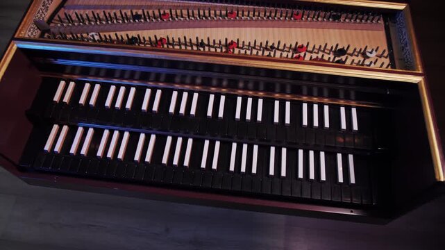 Cinematic Harpsichord Piano Keyboard and Mechanism Camera View