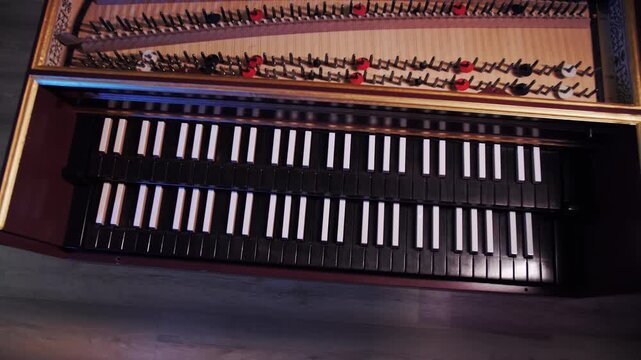 Hammers on the strings inside the white piano. Keyboard of piano