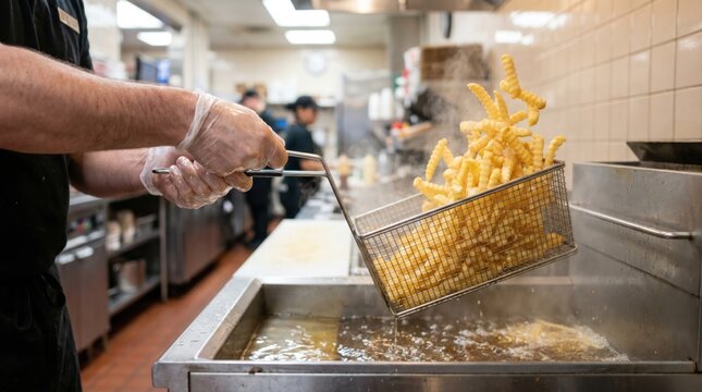 Fast food worker lifting a wire basket full of hot french fries out of a deep fryer