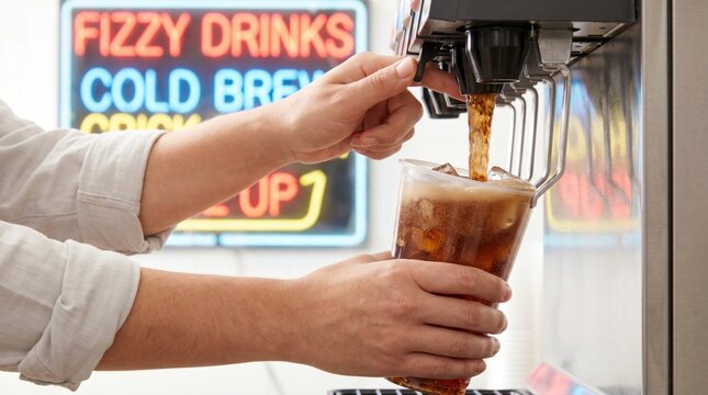 Hands filling a clear plastic cup with ice and brown fizzy soda from a fountain dispenser