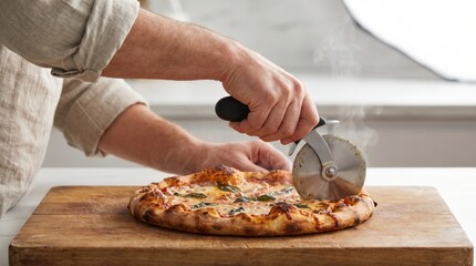 Chef using a round metal pizza cutter to slice a hot steaming margherita pizza