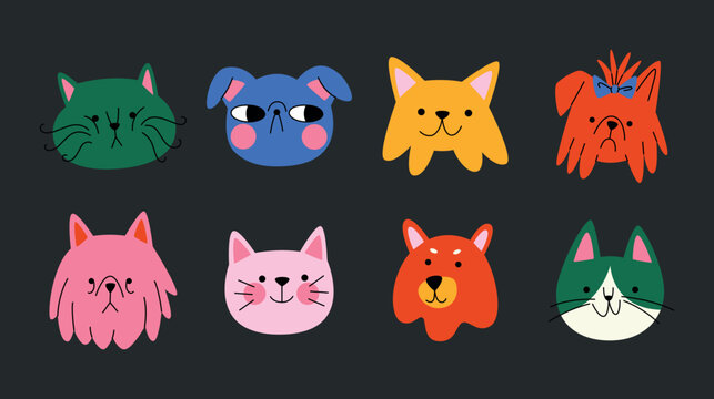 Cute animal pets heads with different emotions in comic cartoon style. Dogs and cats characters in doodle groovy style. Bright set of zoo avatars icons for decor and design. Vector flat stickers.
