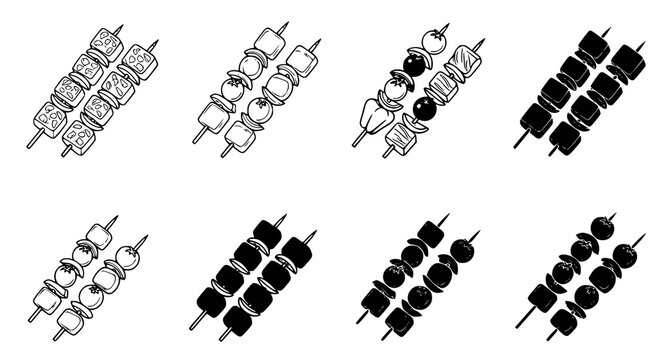 Selection of grilled food skewers and barbecue meal icons featuring various meat and vegetable combinations in outline and solid black style for culinary menus and digital cooking applications