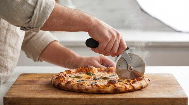 Chef using a round metal pizza cutter to slice a hot steaming margherita pizza