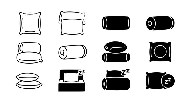 Set of sleeping and bedding icons featuring various pillows mattresses and sleep symbols in outline and solid black vector style for bedroom interior and wellness focused graphic design projects