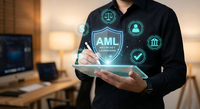 AML Compliance and Financial Crime Prevention Concept with Digital Security Interface