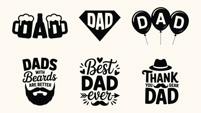 Creative dad graphics featuring beard silhouettes balloons beer and diamond shapes for father's day gifts.
