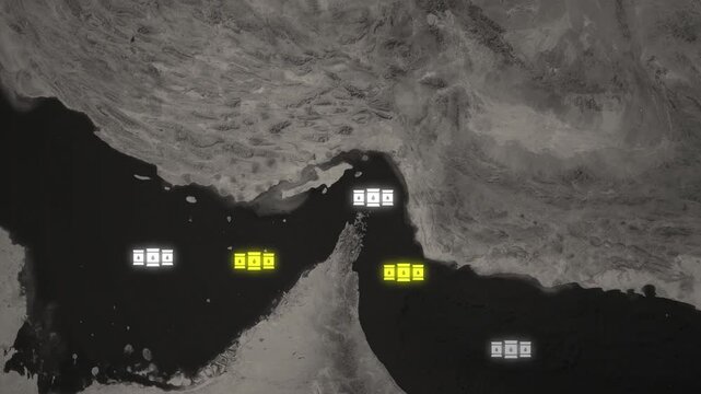 Strait of Hormuz Oil Shipping Path Map Animation. Oil Tanker Route Between Iran and Oman, Global Energy Trade Route Visualization &ndash; Vox Style Map Animation in 4K
