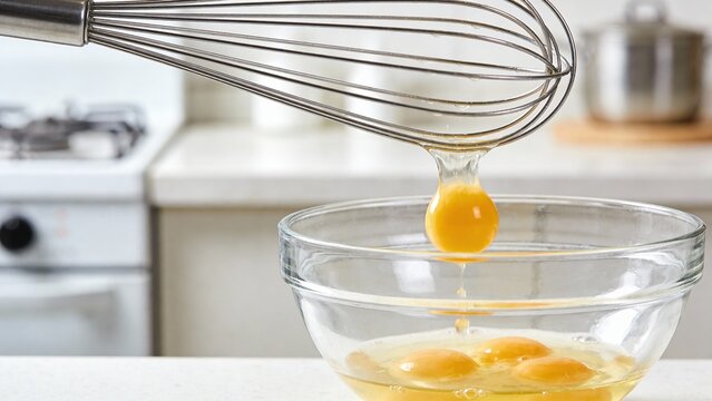 In a modern kitchen, fresh eggs are being cracked open into a clear bowl. A metal whisk hangs above, ready to blend the rich yellow yolks and create a wonderful dish.