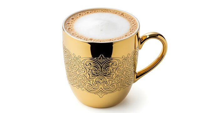 Golden mug with ornate pattern filled with frothy cappuccino coffee latte hot drink